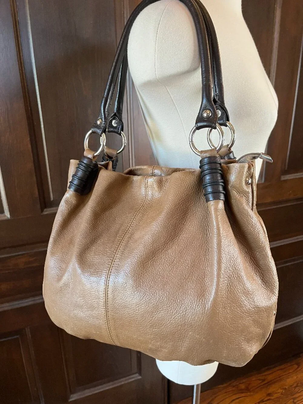 Colonys Pebbled Leather Purse Hobo Bag Double Handle Large Brown Made in Italy